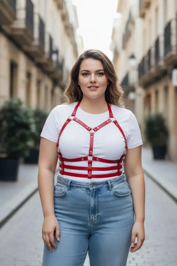 Red faux leather strappy cage harness with silver O-rings spanning chest and waist worn over white t-shirt