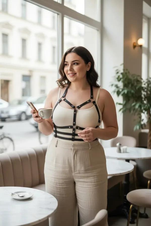 Black vegan leather caged chest harness with silver stud rivets worn over cream camisole, four horizontal bands visible