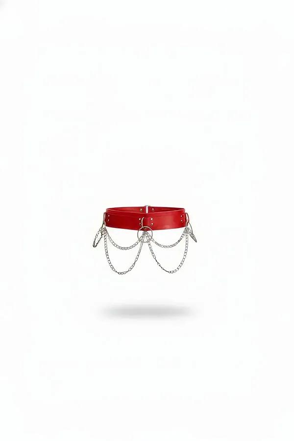 Red faux leather waist belt with draped silver-tone link chains and front center O-ring, glossy smooth finish