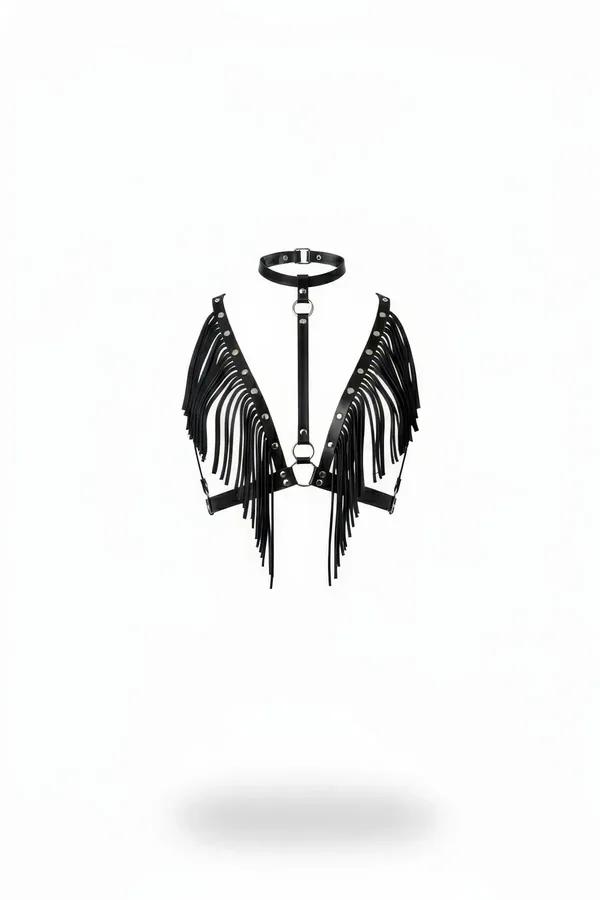 Black faux leather fringe chest harness with silver O-ring choker and cascading fringe panels front view
