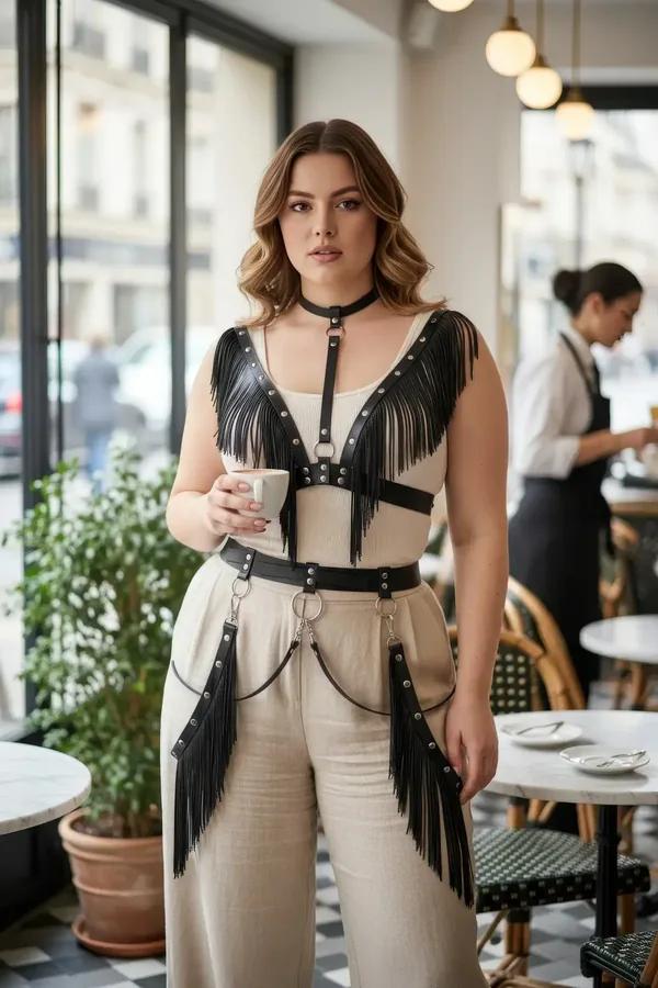 Black faux leather fringed body harness with silver studs, O-ring chain drops, and matching choker worn over cream top