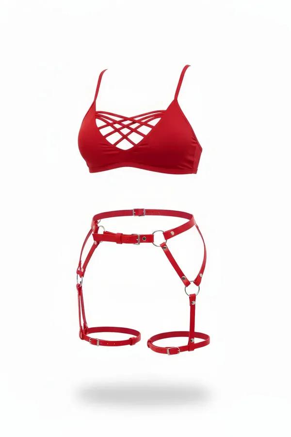 Kırmızı vegan deri jartiyer harness ve çapraz bantlı bralet set, gümüş O-halka tokalı ayarlanabilir bacak kayışları