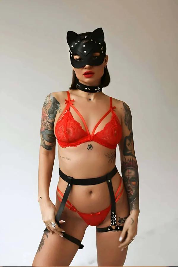 Black faux leather cat ear mask with silver studs, studded choker, and adjustable garter harness set