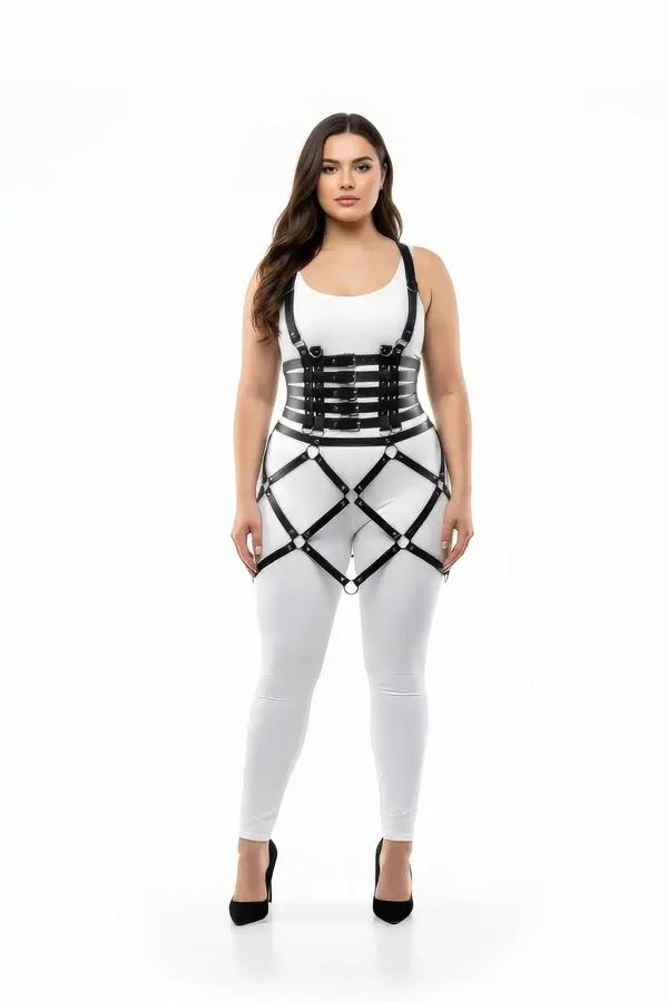black faux leather corset and diamond-grid skirt body harness set worn over white bodysuit and leggings