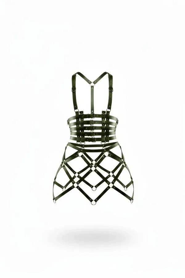 haki yeşil suni deri kafes desenli mini etek harness gümüş metal O-halka ve 5 yatay bant detayı