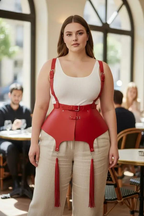 Red vegan leather waist cincher harness with shoulder straps and four dangling tassels worn over white tank and linen trouser