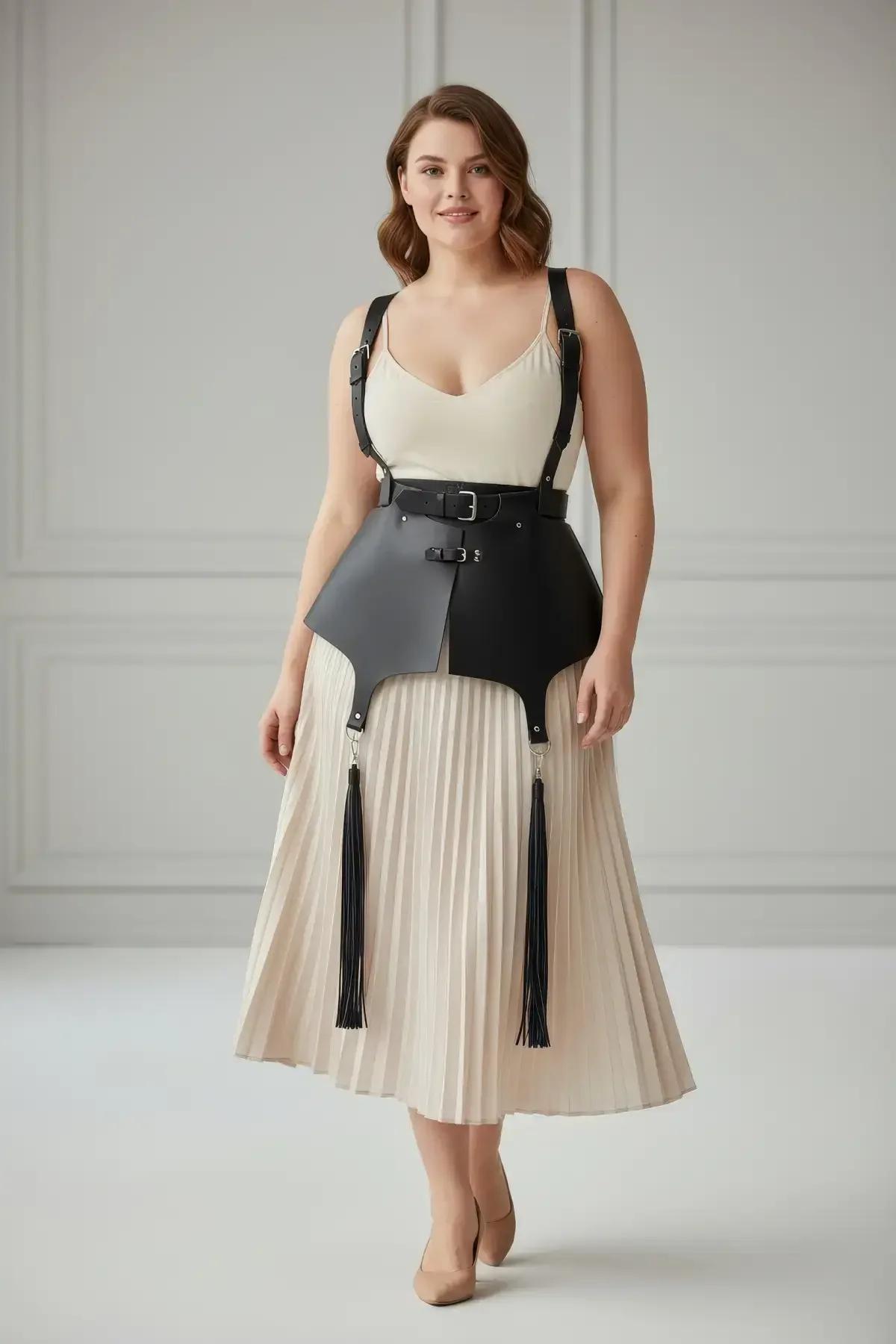 detail of silver O-ring attachment point connecting black tassel leg strap to peplum harness waistband