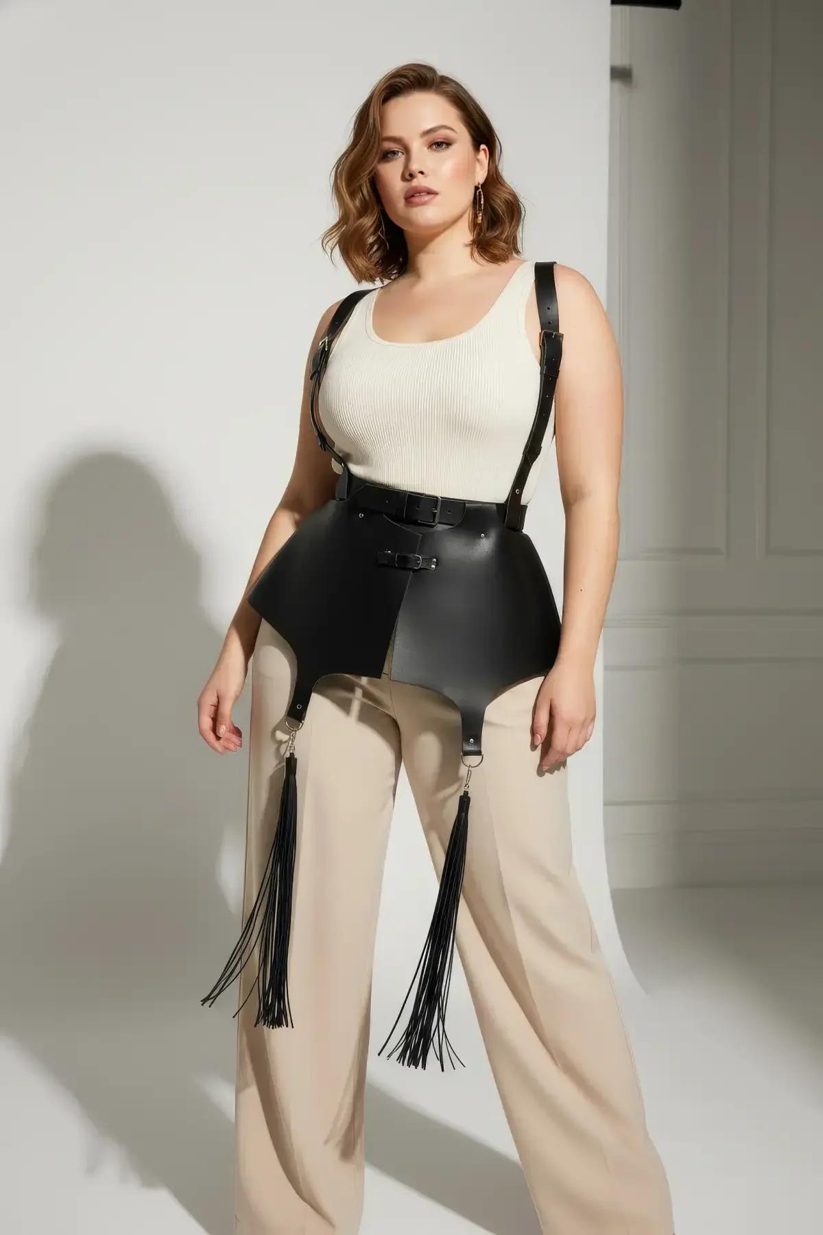 side profile black peplum harness showing A-line panel shape and adjustable shoulder strap width