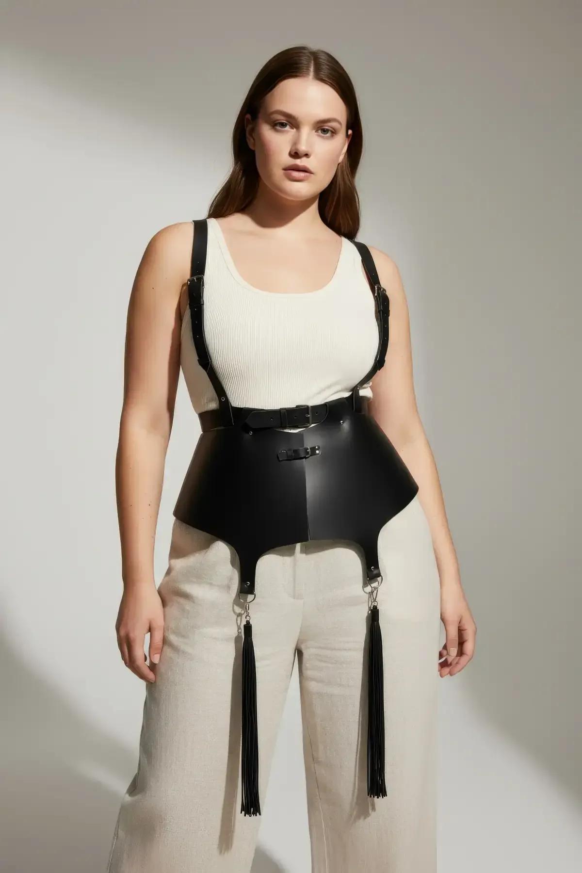 black tassel leg suspenders detached from peplum harness laid flat showing 20 cm tassel cluster length