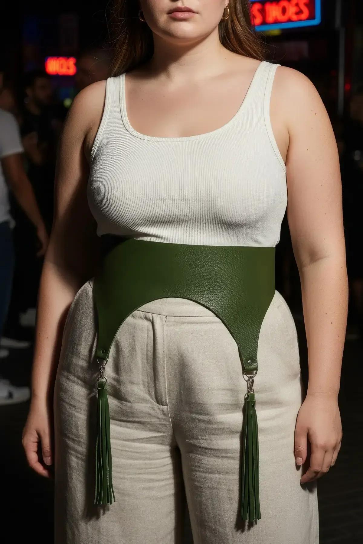olive green waist harness with fringed tassels removed showing clean corset belt silhouette
