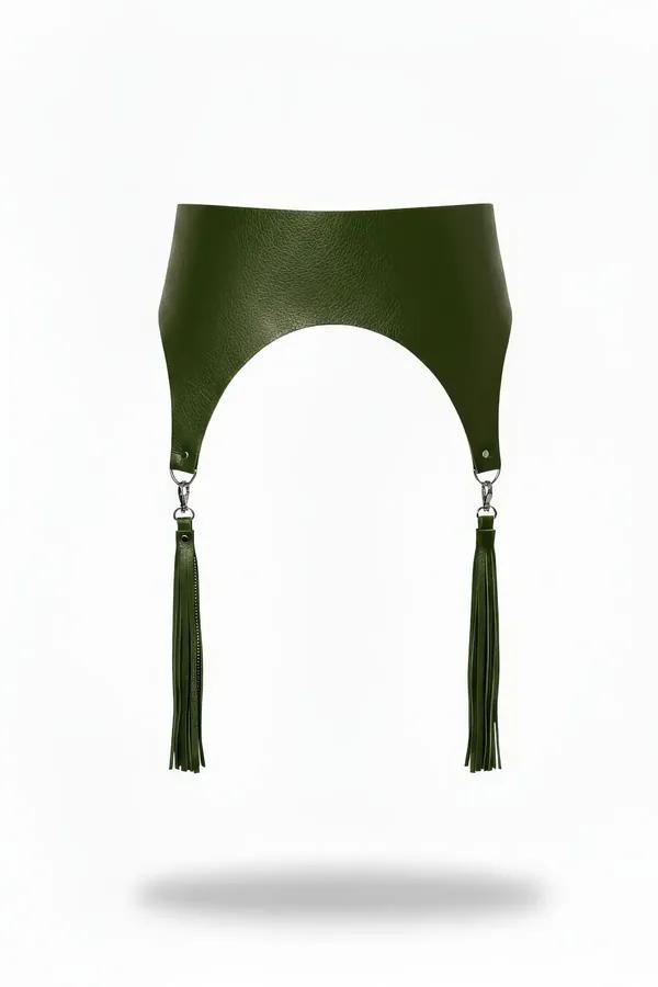 wide olive faux leather waist harness with arch cutout and two detachable fringe tassels on silver swivel clips