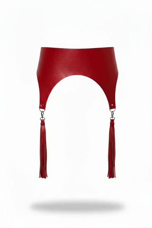 Red faux leather wide waist harness with two detachable tassels on silver lobster-claw clasps, open-arch front cutout