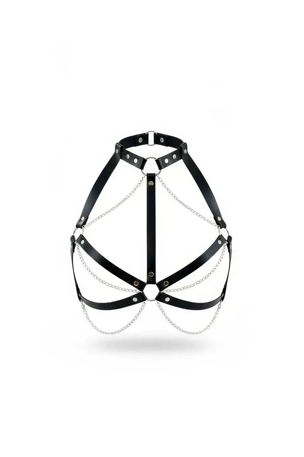 Black faux leather chest harness with triple silver O-rings and draped silver chain swags, front view on white background