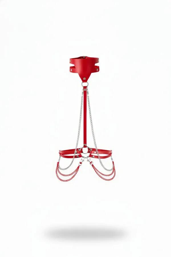Red faux leather neck collar and underbust harness with draped silver and red chains, silver O-rings and rivet hardware, whit