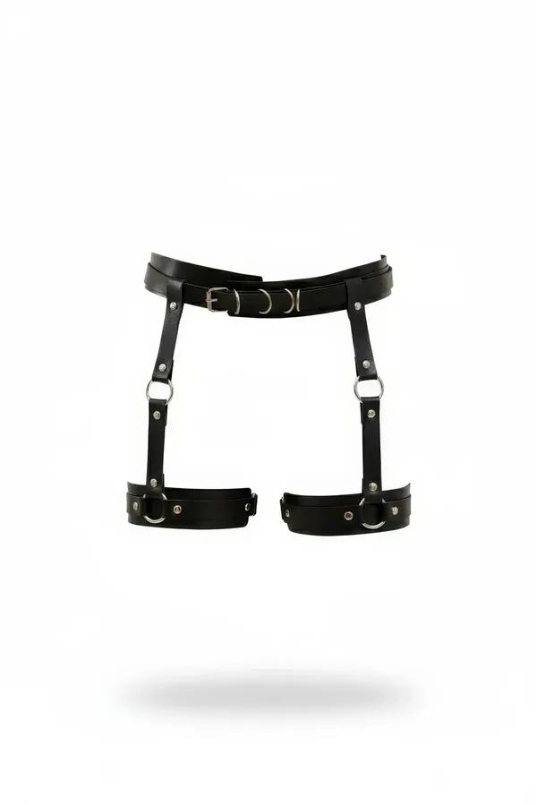 Siyah faux leather jartiyer harness gümüş tokalı ve O-halkalı ayarlanabilir bel ve uyluk bandı