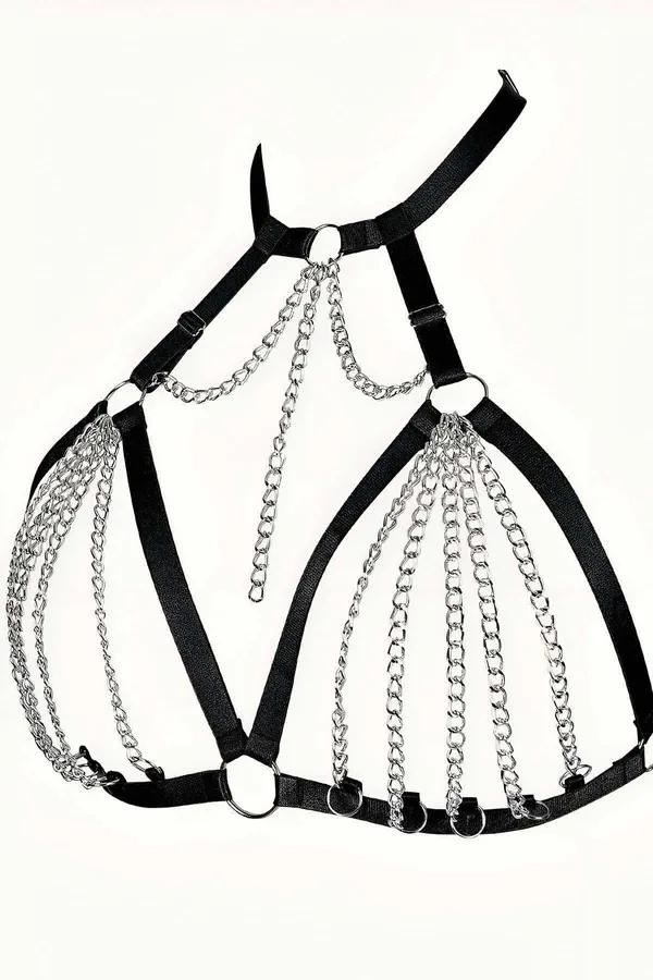 black elastic chest harness with cascading silver chainmail panels and multiple O-ring accents on white background