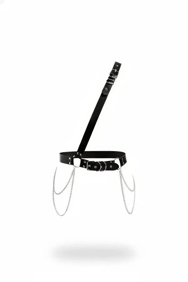 siyah suni deri bel harness gümüş sarkan zincir detaylı çapraz omuz askılı D-ring toka