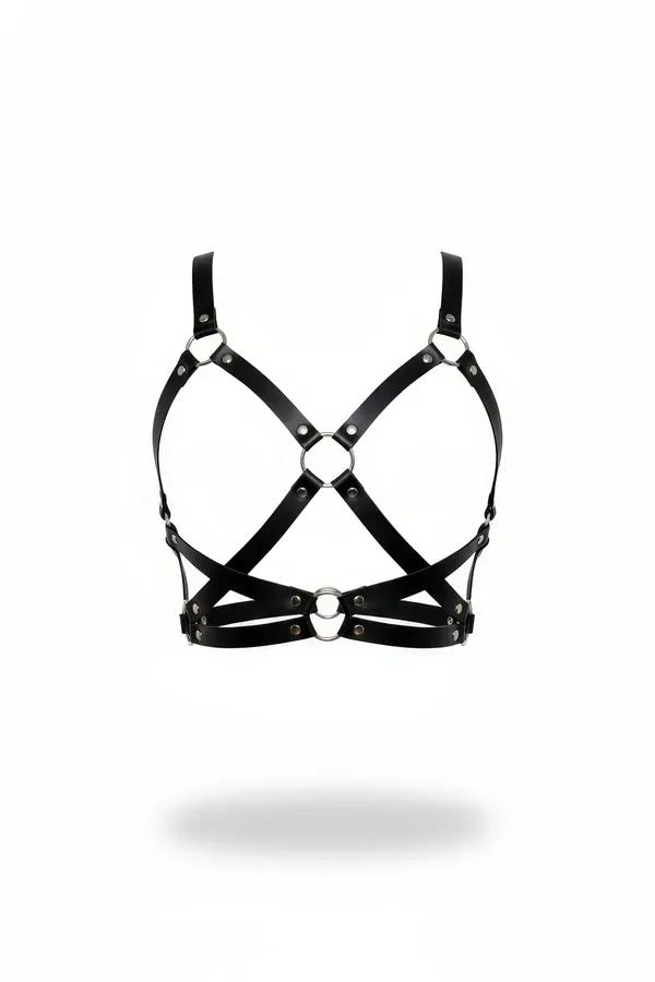 Black faux leather caged harness bra top with silver O-rings and crossing straps, front view on white background