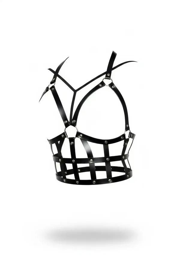 Siyah faux leather zımbalı kafes korse, gümüş O-ring ve metal zımba detaylı, halter kesim üst aksesuar