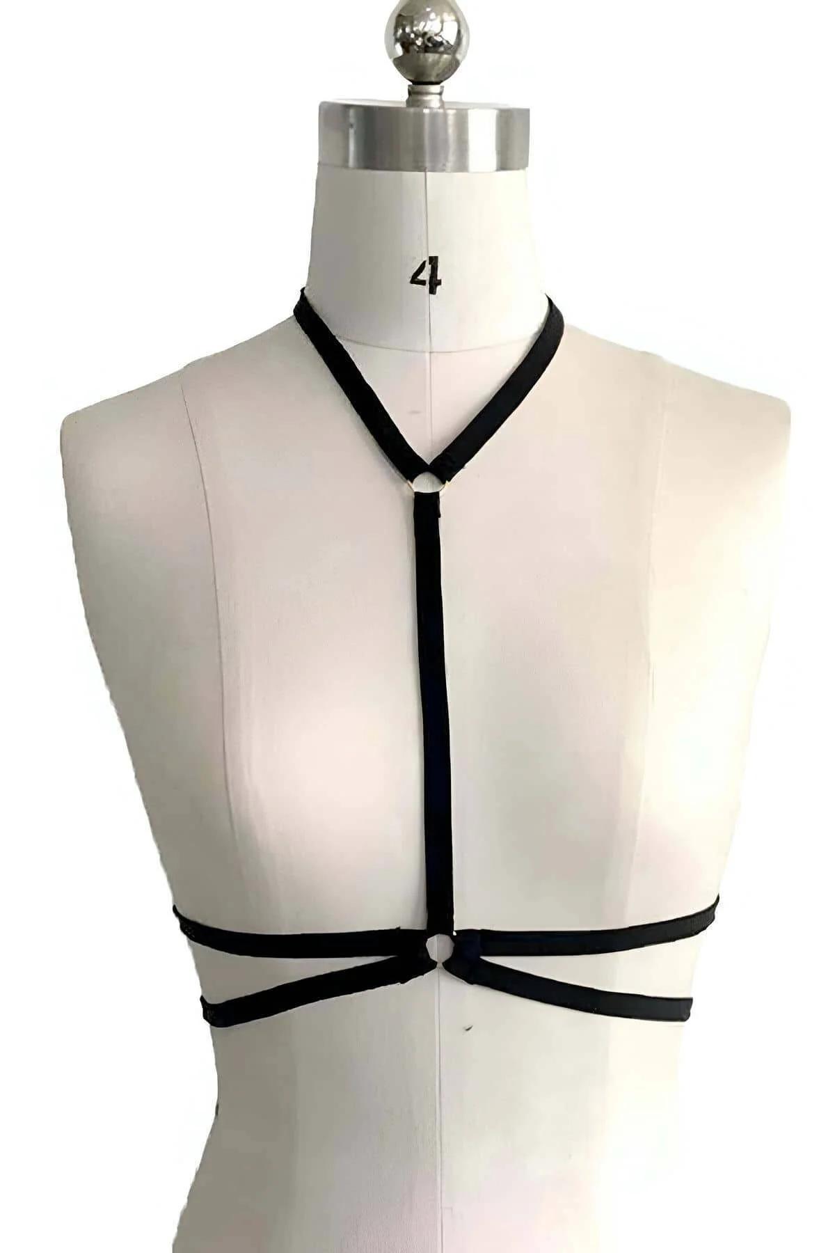 Black Strappy Chest Harness with Central O-Ring Detail