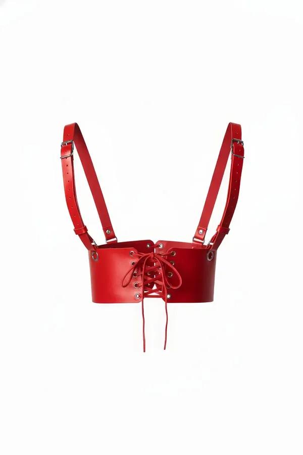 Red faux leather lace-up underbust harness with silver buckle shoulder straps, front view on white background