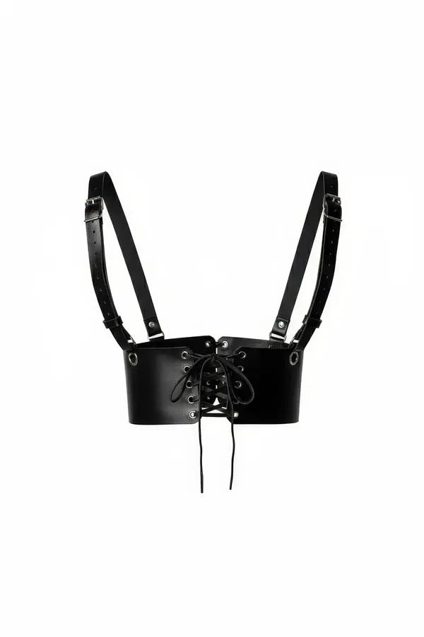 Black faux leather underbust cincher harness with front corset lacing, gunmetal grommets and adjustable shoulder straps