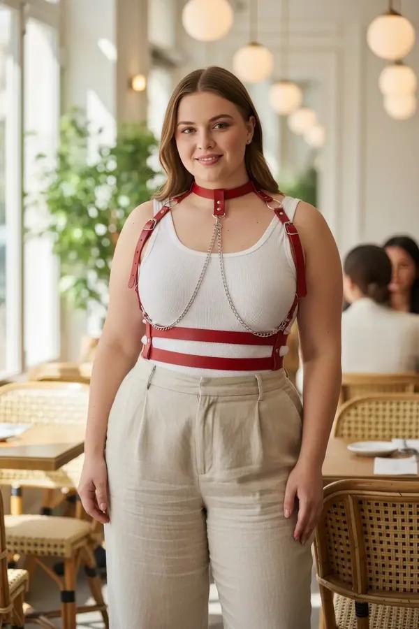 Red faux leather chest harness with choker and silver link chains worn over white tank top