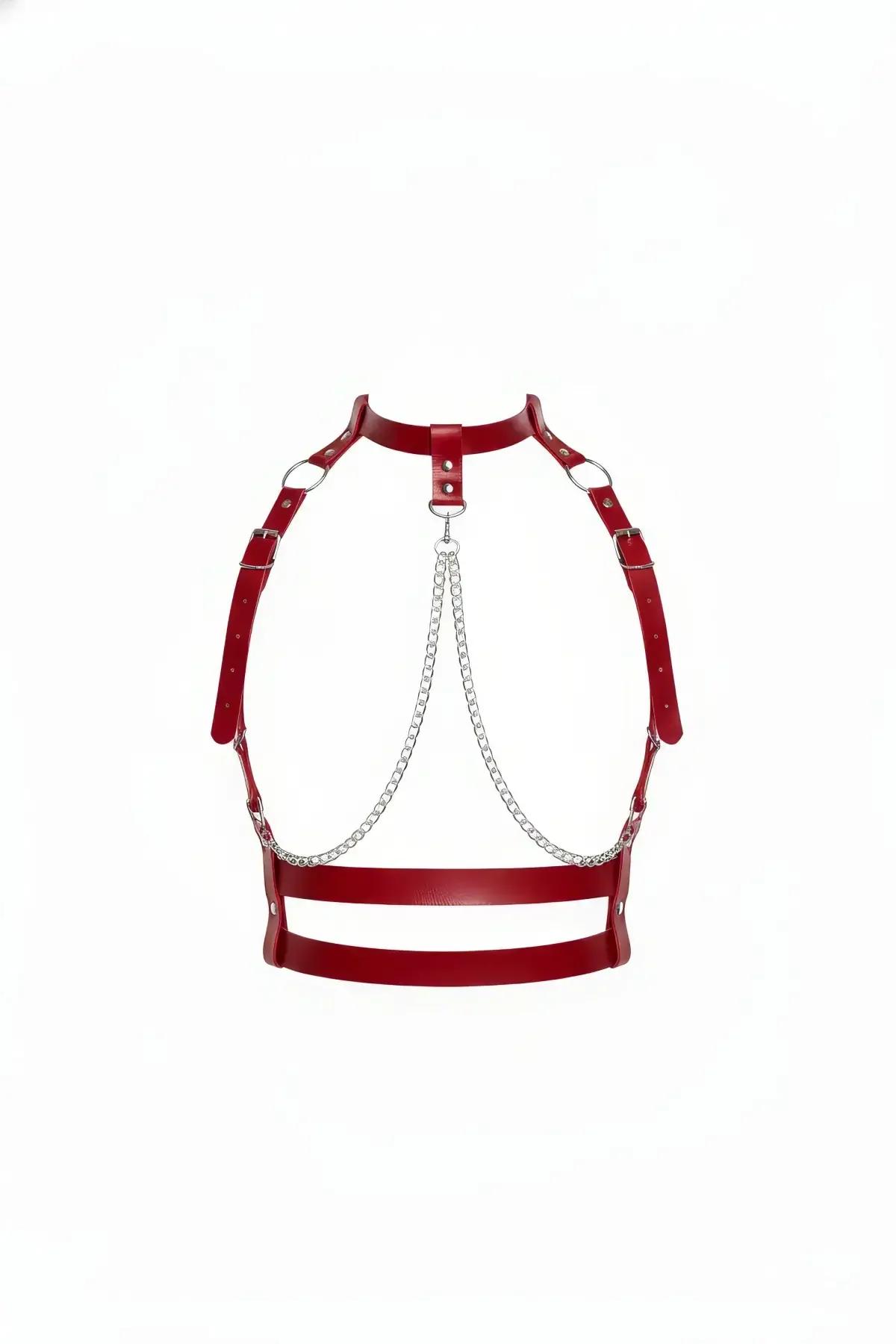 red faux leather cage harness with oval strap frame V-drop silver chain and double underbust band on white background
