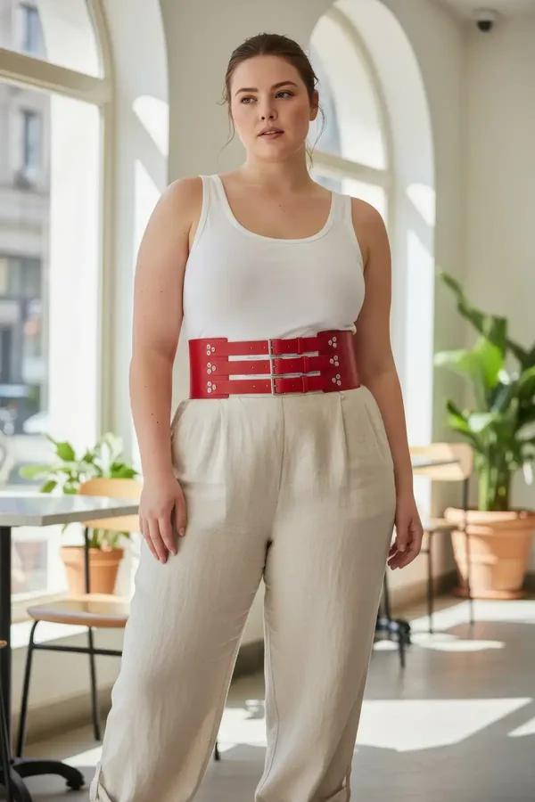 Red faux leather wide waist cinch harness belt with three silver pin buckles worn over white tank top