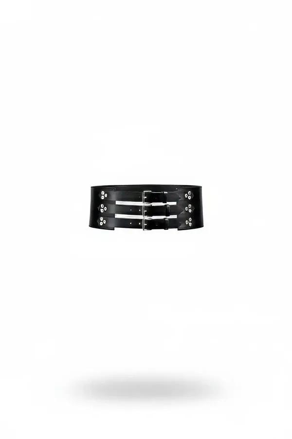 Black faux leather wide waist cincher belt with three silver rectangular buckles and rivet stud details