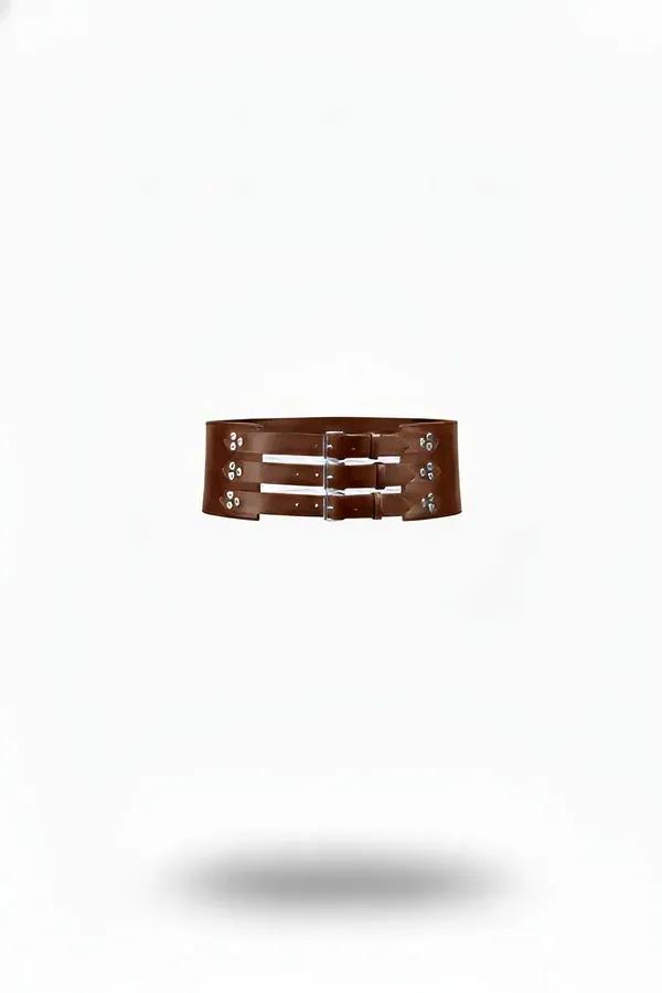 Brown faux leather triple buckle waspie waist harness with silver pin buckles, wide 10 cm corset-style panel