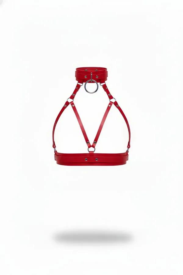 red faux leather chest harness with integrated choker collar and silver O-ring, triangular strap cage, underbust band