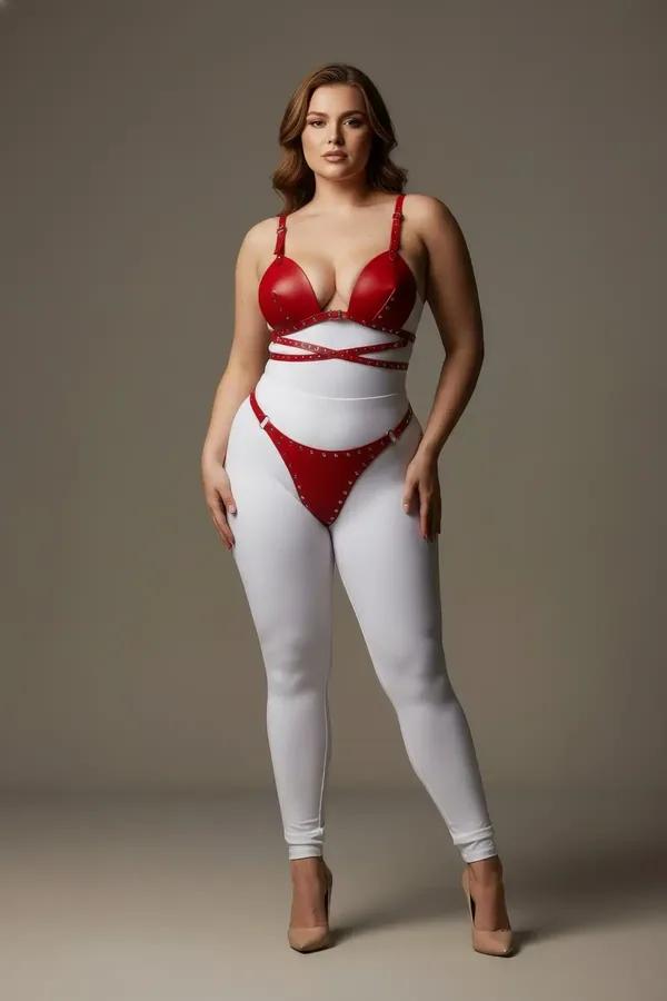 büyük beden kırmızı vegan deri harness takım push-up sütyen ve zımbalı çapraz bantlı tanga set