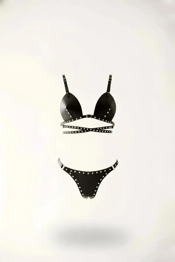 Black faux leather studded bra and thong harness set with silver-tone stud trim and crossover underbust strap