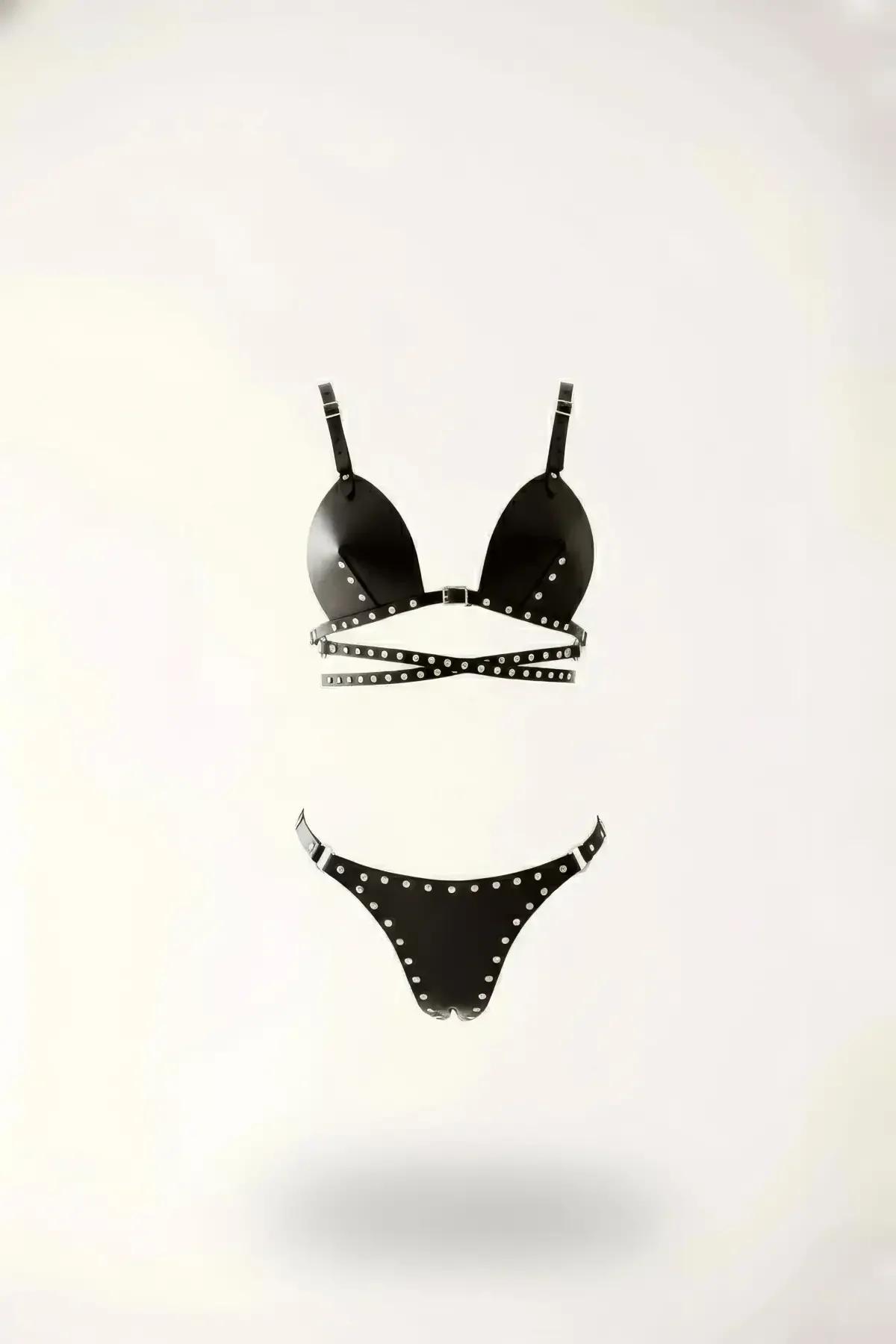 Black faux leather studded bra and thong harness set with silver-tone stud trim and crossover underbust strap