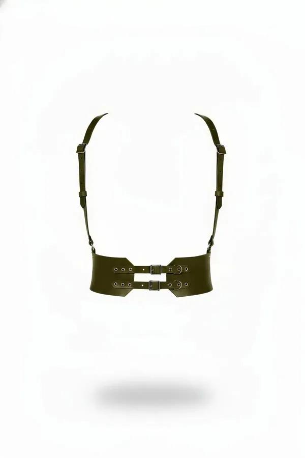 Olive vegan leather wide underbust harness with double horizontal buckles and gunmetal adjustable shoulder straps