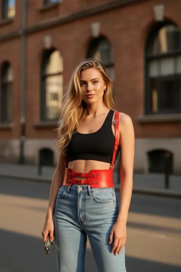 Red faux leather wide waist harness with double gold-tone buckles and adjustable shoulder straps worn over a black crop top