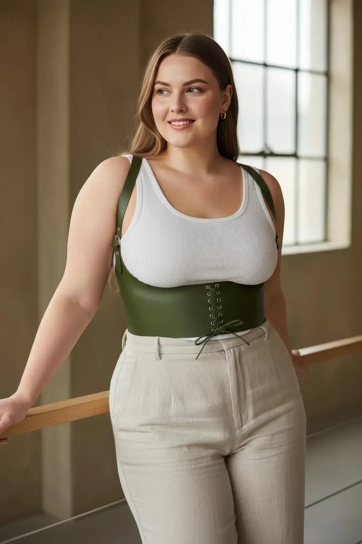 side view of olive green underbust corset harness showing structured band height and adjustable suspender strap hardware
