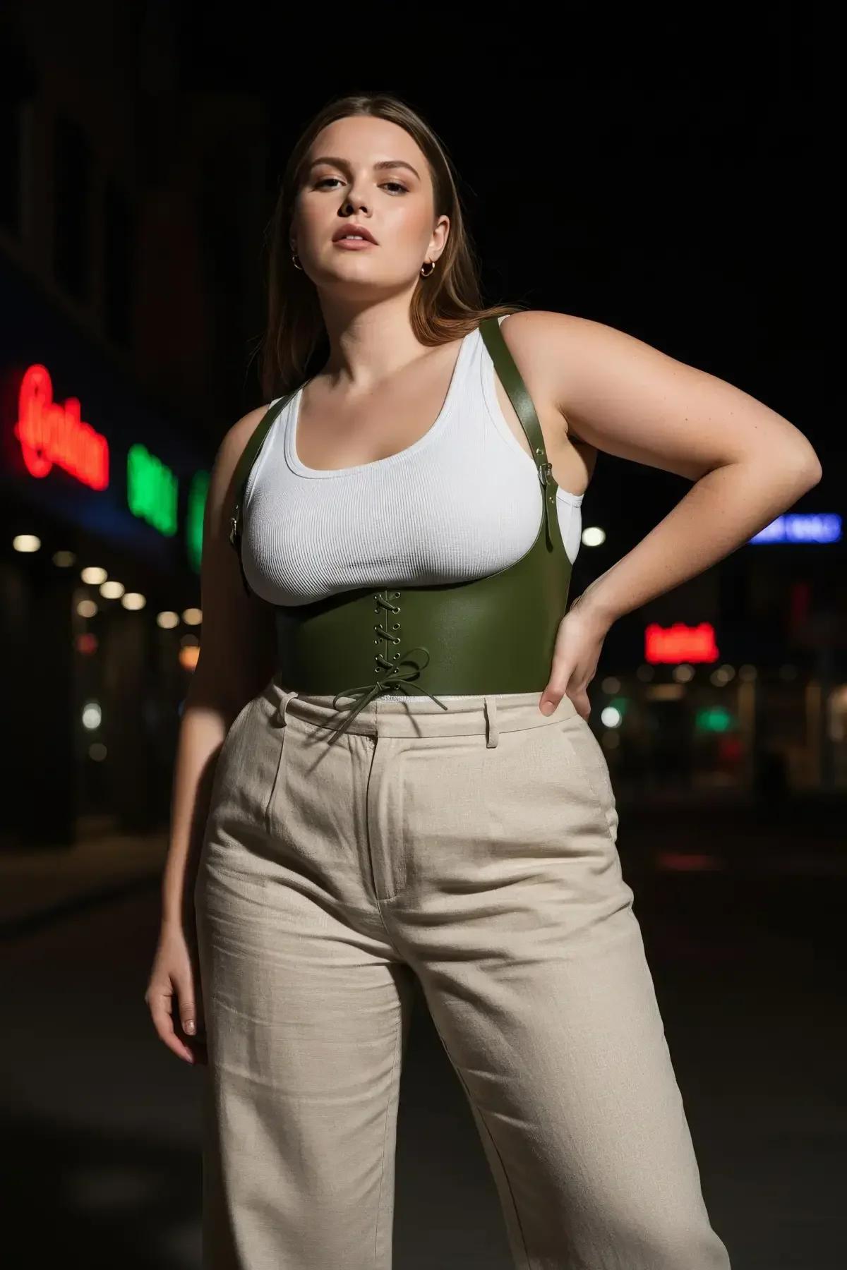 back view of olive faux leather corset with suspender straps clipped to rear of structured waist band