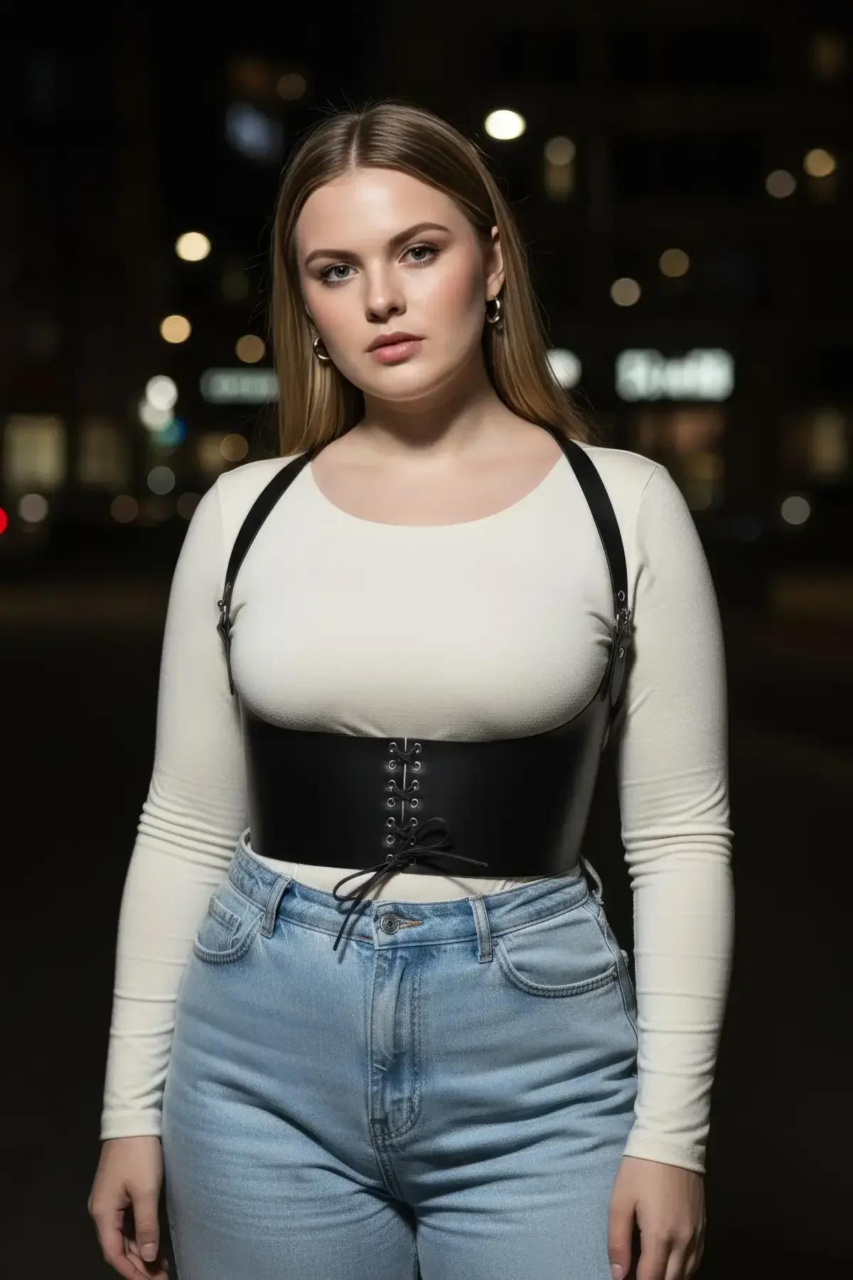 black lace-up fashion harness layered over fitted top with pleated skirt streetwear styling