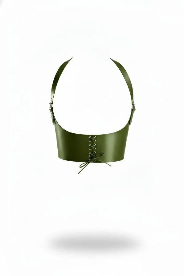 Olive vegan leather underbust harness with front lace-up eyelets and adjustable silver slider shoulder straps