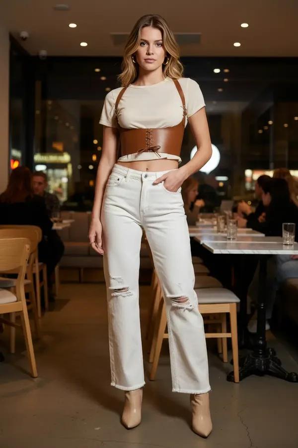 caramel faux leather corset waist harness with lace-up front and adjustable shoulder straps worn over cream t-shirt