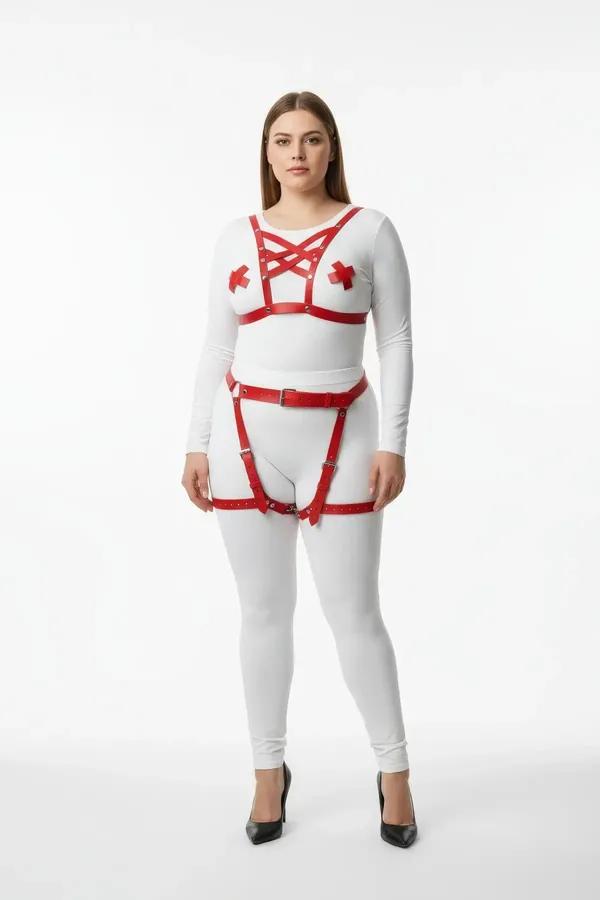 red faux leather chest harness set with X-cross bust straps waist belt and thigh garter bands silver buckle hardware