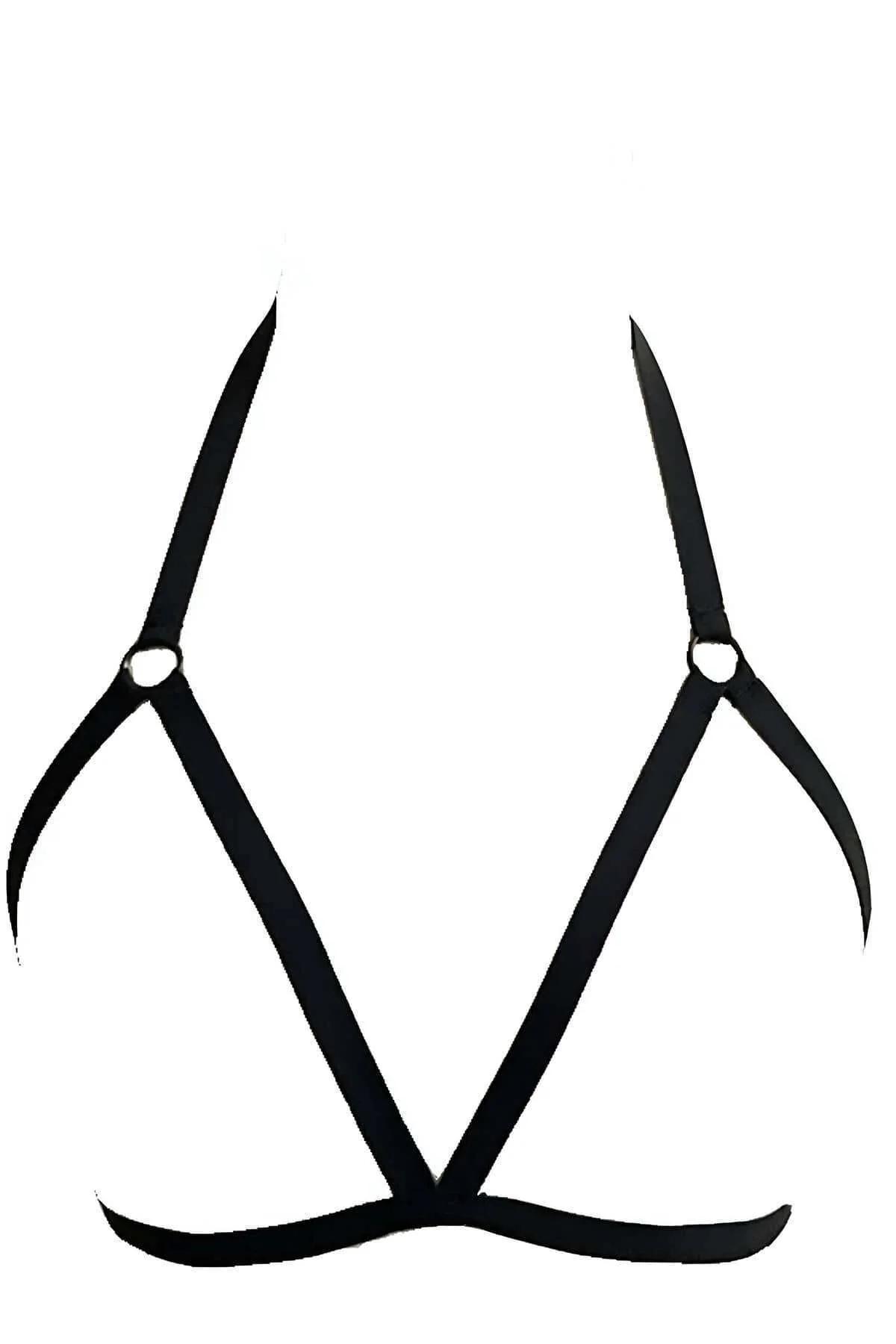 Front detail of black strappy chest harness with dual O-rings framing the neckline, layered over fitted top