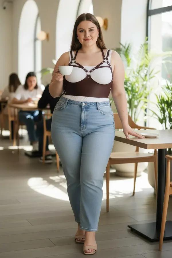 claret faux leather caged harness bra with silver stud hardware worn over white bodysuit and light-blue jeans