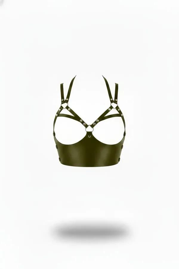Olive green faux leather open cup harness bra with silver O-rings and dome studs, cage strap chest design