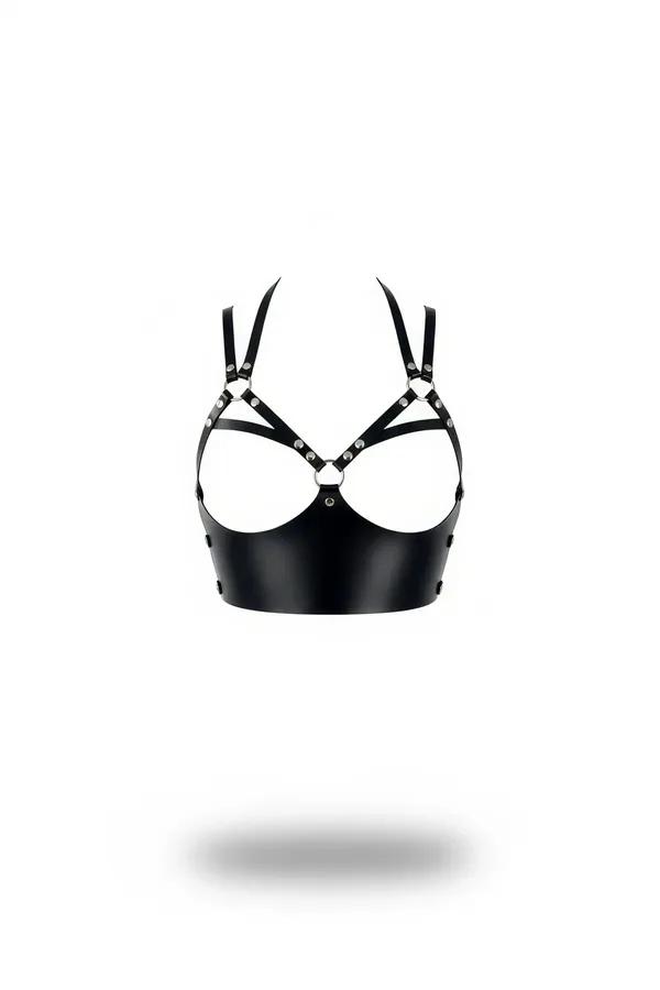 Black matte faux leather open bust harness crop top with multi-strap chest frame and silver O-ring center detail