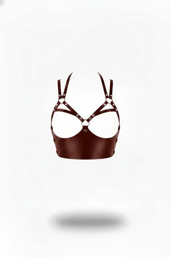 Claret brown faux leather underbust harness bra with silver O-ring center and dual shoulder straps, open-cup construction on 