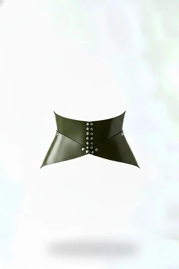 Olive green faux leather studded waist cinch harness with angular contoured panels and silver dome studs at center front