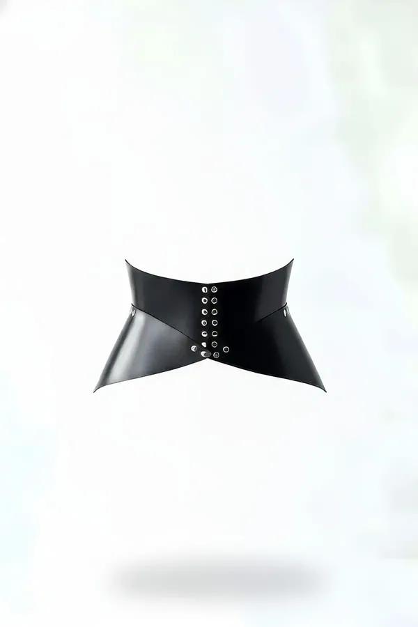 black faux leather sculpted waspie corset belt with silver eyelet column front closure and pointed hourglass silhouette